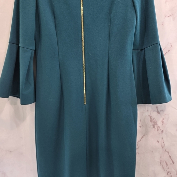 Eliza J Dress Women 4 Small Dark Forest Green Bell Sleeve Flounce Zip Ponte Knit - Picture 7 of 13